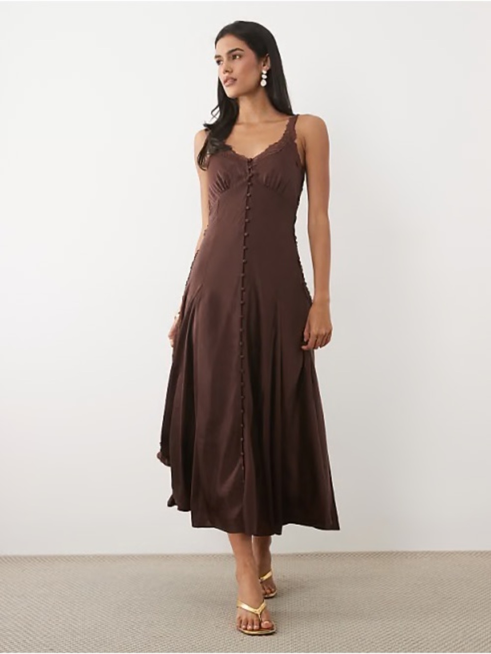 Abercrombie & Fitch Chocolate Brown Satin Slip Dress with Lace Straps
